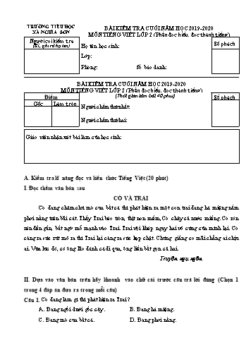 Bài kiểm tra cuối năm môn Tiếng Việt Lớp 2 (Phần đọc hiểu, đọc thành tiếng) - Năm học 2019-2020 - Trường Tiểu học Nghĩa Sơn