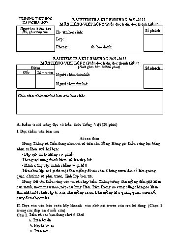 Bài kiểm tra kì I môn Tiếng Việt Lớp 2 (Phần đọc hiểu, đọc thành tiếng) - Năm học 2021-2022 - Trường Tiểu học Nghĩa Sơn