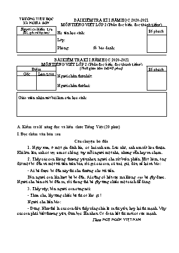 Bài kiểm tra kì I môn Tiếng Việt Lớp 2 (Phần đọc hiểu, đọc thành tiếng) - Năm học 2020-2021 - Trường Tiểu học Nghĩa Sơn