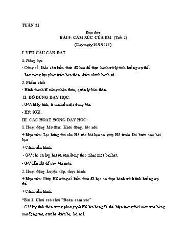 Giáo án Đạo đức Lớp 2 (Kết nối tri thức và cuộc sống) - Tuần 21, Bài 9: Cảm xúc của em (Tiết 2) - Năm học 2022-2023