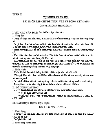 Giáo án Tự nhiên và Xã hội Lớp 2 (Kết nối tri thức và cuộc sống) - Tuần 22, Bài 20: Ôn tập chủ đề thực vật và động vật - Năm học 2022-2023