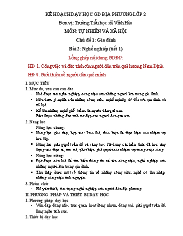 Kế hoạch dạy học Giáo dục địa phương Lớp 2 - Chủ đề 1: Gia đình - Bài 2: Nghề nghiệp (Tiết 1)