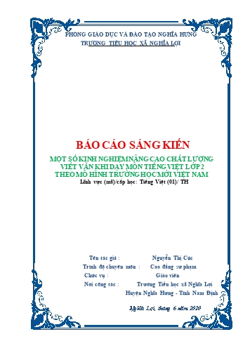 Sáng kiến kinh nghiệm Một số kinh nghiệm nâng cao chất lượng viết văn khi dạy môn Tiếng Việt lớp 2 theo mô hình trường học mới Việt Nam