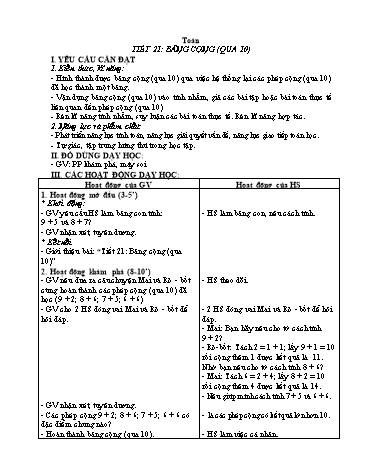 Giáo án Toán 2 (Kết nối tri thức) - Tiết 21: Bảng cộng (qua 10)