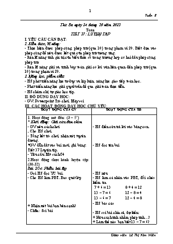 Giáo án Toán 2 (Kết nối tri thức) - Tuần 8, Tiết 37: Luyện tập - Năm học 2023-2024 - Lê Thị Kim Hiển