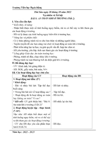 Giáo án Tự nhiên xã hội 2 (Kết nối tri thức) - Bài 8: An toàn khi ở trường (Tiết 2) - Năm học 2022-2023 - Trường Tiểu học Bạch Đằng