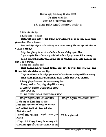 Giáo án Tự nhiên xã hội 2 (Kết nối tri thức) - Chủ đề 2: Trường học - Bài 8: An toàn khi ở trường (Tiết 1) - Nguyễn Thị Phương Thảo
